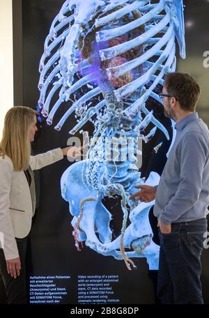 Erlangen, Deutschland. März 2020. Ein menschlicher Oberkörper wird im Museum für Medizintechnik "Siemens Healthineers MedMuseum" mit der 3D-Visualisierungstechnologie Cinematic Rendering gezeigt. Ein Professor experimentiert im Dunkeln in seinem Büro in Würzburg. Was Wilhelm Conrad Röntgen vor 125 Jahren entdeckte, revolutioniert die moderne Medizin. Heute reicht dieser Effekt ins All. (Zu dpa "EIN zufälliger Urzeit-Moment in der Medizin - 125 Jahre Röntgenstrahlen") Credit: Daniel Karmann / dpa / Alamy Live News Stockfoto