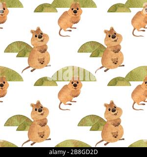 Muster lächelnde australische Quokka. Süßes Kawaii handgezeichnetes Aquarell Stockfoto