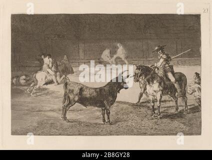 Goya - El celebre Fernando del Toro, barilarguero, confidando a la fiera con su garrocha. Stockfoto