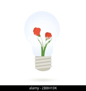 Umweltfreundliche Energie. Schöne rote Blumen wachsen in Glühbirne auf weißem Hintergrund, kreative Illustration Stockfoto