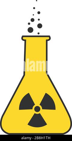 Chemisches Reagenzglas, Laborglas mit Strahlungsflüssigkeit, biologische Kontamination auf schwarzem Grund isoliert. Abbildung: Flaches Vektormaterial. Stock Vektor