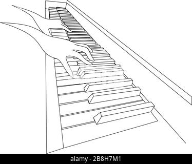 Schöne Schwarz-Weiß-Skizze mit zwei Konturhänden, die auf der Klaviertastatur spielen Stock Vektor