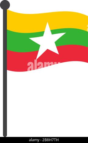 Gewellte vektorgrafiken von myanmar oder birma mit auf Weiß isoliertem Flagpol Stock Vektor