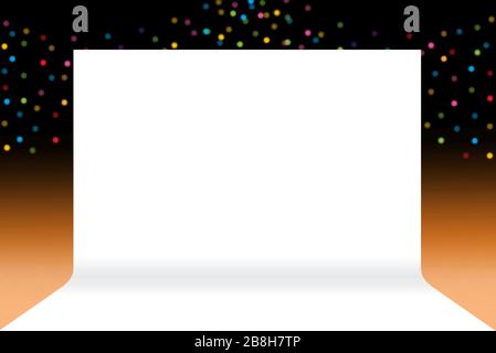Banner-Bühne, Kulisse Bühne weißes Papier leer auf Luxus-Bokeh Beleuchtung bunt leuchtendem Hintergrund orange dunkelschwarz, Präsentation zeigen Vorlage empt Stockfoto