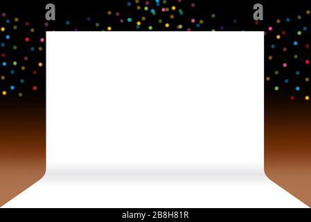 Bannerstufe, Kulisse Bühne weißes Papier leer auf Luxus-Bokeh-Beleuchtung bunt leuchtendes Hintergrundbraun dunkelschwarz, Präsentationsvorlage leer Stockfoto