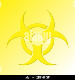 Warnzeichen einer Virus-Pandemie. Symbol "Biohazard". Gelbes Symbol für biologische Gefahrenstoffel. Papierschnitt Hintergrund pandemischer Coronavirus oder Kovid- 19. Vektor Stock Vektor
