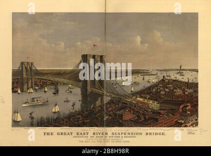 Grand Birds Blick auf die Great East River Suspension Bridge. Verbinden Sie die Städte New York & Brooklyn, und genießen Sie das herrliche Panorama der Bucht und eines Teils von New York. Stockfoto