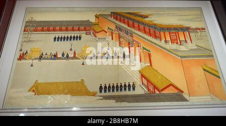 Große Kaiserhochzeit des Guangxu-Imperators, Bd. 7, Blatt 9, in Phönix palanquin, von Qing Kuan, c., in den Palast eindringen Farbe und Farbe auf Seide Stockfoto