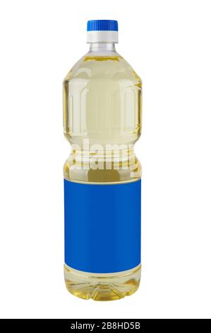 Flasche aus reinem Oliven- oder Mais- oder Nuss- oder Sonnenblumenöl (Gemüse), isoliert auf weißem Grund mit Schneideweg. Hochwertige XXL! Flasche mit Klee Stockfoto