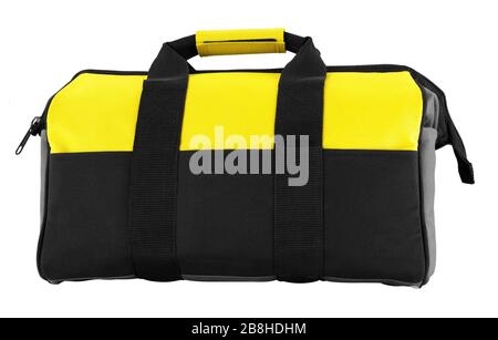 Standing Yellow-Black Toolbox (BAG) isoliert auf weißem Hintergrund mit Beschneidungspfad. Werkzeuge Leinwandtasche XXL Stockfoto