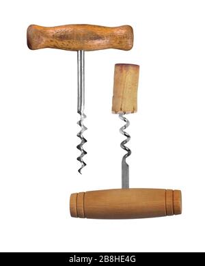 Nahaufnahme der Flaschenöffner auf weißem Hintergrund mit Clipppath Corkscrew mit einer Kappe Stockfoto