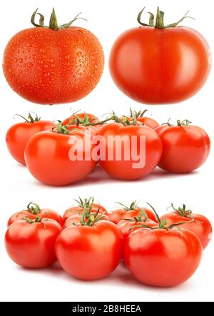 Satz reifer und saftiger roter Tomaten. Er ist auf weißem Hintergrund isoliert. Hochwertige XXL! Stockfoto