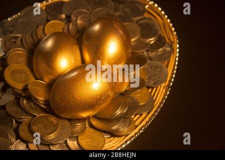 Goldene Eier, drei goldene Eier in einem Nest. Einsparungen / Vermögen / Erfolg Konzept shot.Verwandte Bilder mit goldenen Objekten: Stockfoto