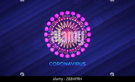 Abstraktes Modell einer Coronavirus-Krankheit COVID-19. Vektordarstellung des leuchtenden neonfarbenen SARS-COV-2-Infektionssymbols über blauem Hintergrund Stock Vektor