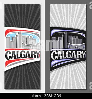 Vektorlayouts für Calgary, dekoratives Flugblatt mit Liniendarstellung der modernen stadtlandschaft von calgary am Tag- und Dämmerungshimmel, Design to Stock Vektor