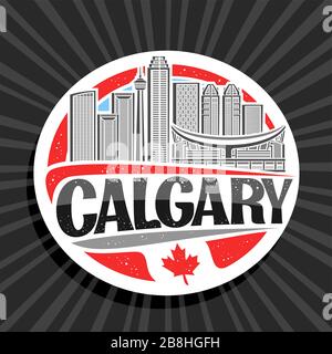 Vektorlogo für Calgary, weißer dekorativer runder Tag mit Linienillustration der zeitgenössischen stadtlandschaft von calgary am Tag Sky Hintergrund, Touristenkühlschrank mA Stock Vektor