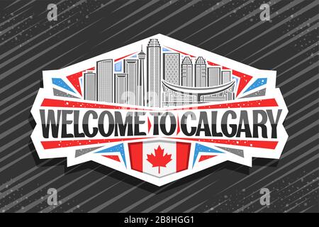 Vektorlogo für Calgary, weißer Deko-Aufkleber mit Linienillustration der zeitgenössischen stadtlandschaft von calgary auf Himmelshintergrund, Kühlschrank Magnet mit Krea Stock Vektor