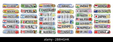 Vektorsatz aus amerikanischen und asiatischen Ländern mit Flaggen und Symbolen, 38 isolierte horizontale Beschriftungen mit nationalen Staatsflaggen und Pinselschrift für verschiedene Stock Vektor