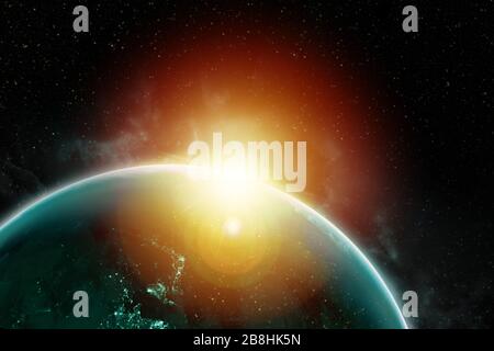 Wunderschöner Sonnenaufgang über der Erde in der Hintergrundtapete mit Kunstdruck. Elemente dieses Bildes, das von der NASA eingerichtet wurde Stockfoto