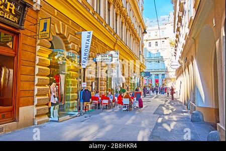 WIEN, ÖSTERREICH - 19. FEBRUAR 2019: Die enge und ruhige Straße Habsburgergasse ist der perfekte Ort, um sich in einem gemütlichen Café im Freien zu entspannen und überfülltes Grab zu beobachten Stockfoto