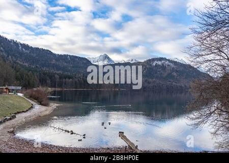 Atemberaubender Blick auf den Alpsee im Winter mit schneebedeckter Bayern-Alpen abd blaue Himmelswolke im Hintergrund und schöne Reflexionen im Wasser, Schwang Stockfoto