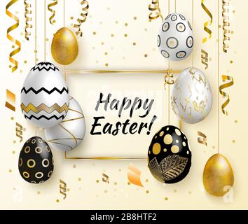 Weiße goldene Ostereier auf dem Goldplatz. Goldenes Oster-Banner. Stock Vektor