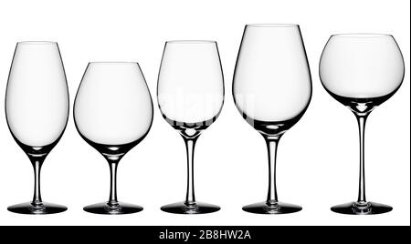 Cocktail Glas Kollektion - Weingläser auf weißem Hintergrund mit Freistellungspfad isoliert. Stockfoto