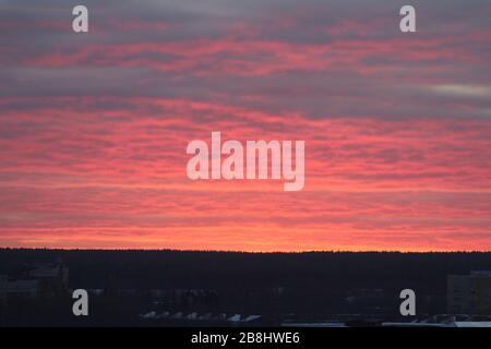 Greller scharlachroter Sonnenuntergang oder Sonnenaufgang über dem Horizont. Rosafarbene Wolken, die von der Sonne über dem Horizont beleuchtet werden. Stockfoto