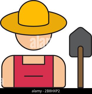 Farmer mit Schaufelvektor-Symbol auf weißem Hintergrund isoliert Stock Vektor