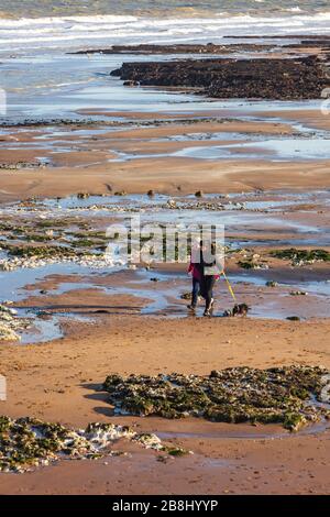 Familien, Hundewanderer nutzen einen sonnigen, aber kalten und windigen Tag, um während der Pandemie von Covid 19, Broadstairs, Kent, Großbritannien, Sport zu treiben Stockfoto