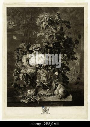 Ein Blumenstrauß mit einer mit Putten verzierten Vase, so der Staat J. Van Huysum mit dem Brief Richard Earlom ( 1743-1822) d'après Jan Huysum. "UN Bouquet de fleurs avec un vase décoré de putti, d'après J. Van Huysum, état avec la lettre". Tiefdruck en manière noire. 17823. Musée des Beaux-Arts de la Ville de Paris, Petit Palais. Stockfoto