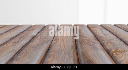 Holztisch auf Weichzeichen-Copyspace vor weißem Hintergrund 3D-Render-Illustration - kann zur Anzeige oder Montage Ihres Inhalts verwendet werden Stockfoto