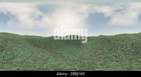 HDRI, Umweltkarte, rundes, kugelförmiges 360-Grad-Panorama, grüne Hügel unter stürmischem Himmel, 3D-Rendering-Illustration Stockfoto