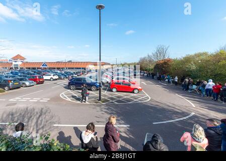 Southend on Sea, Essex, Großbritannien. März 2020. Tesco Extra auf der A127 Prince Avenue, Southend on Sea, hat eine große Anzahl von Käufern angezogen, die eine Warteschlange rund um den Parkplatz erstellt haben, als Reaktion auf die COVID-19 Coronavirus Pandemie. Das Sicherheitspersonal überprüft, ob die Käufer nur in der ersten Stunde des Handels zugelassen werden. Die Menschen stehen eng beieinander und denken wenig an soziale Distanzierung Stockfoto