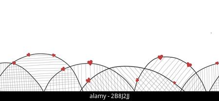 Rote Herzen auf schwarzen Doodle-Bögen nahtlose Vektorgrenze. Isoliertes, handgezeichnetes Herzmuster auf weißem Hintergrund. Sich wiederholendes Design für Valentine, Mütter Stock Vektor