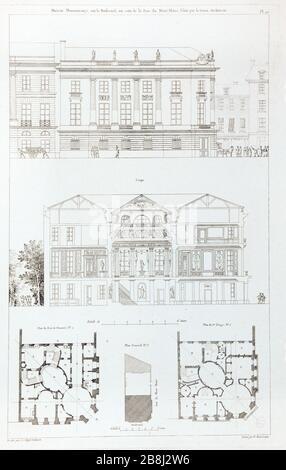DAS HAUS MONTMORENCY AM BOULEVARD AN DER ECKE RUE DU MONT-BLANC, ERBAUT VON DEM SÜSSEN ARCHITEKTEN PIERRE NICOLAS RANSONNETTE (1793-1877). 'Maison Montmorency sur le Boulevard au coin de la rue du Mont-Blanc, bâti par Le Doux, architecte'. Tiefdruck. Paris, musée Carnavalet. Stockfoto