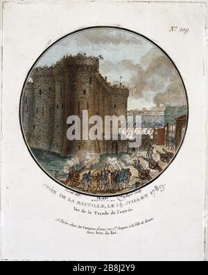 NEHMEN SIE DIE BASTILLE am 14. JULI 1789 ZUM EINTRITT VON FRONT Le Campion et Roger. "Pry de la Bastille le 14 juillet 1789, vue de la façade de l'entrée". Tiefdruck. Paris, musée Carnavalet. Stockfoto