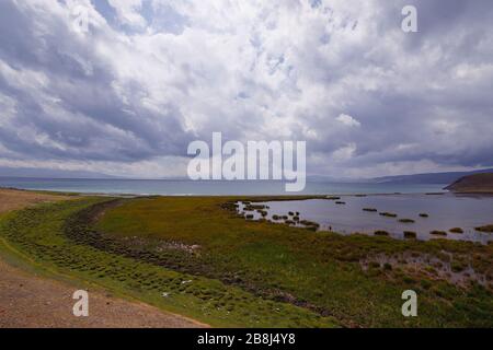 Der Magic Alpine Song Kul See liegt auf einer Höhe von 3016 m in Kirgisistan. Lakeside sind ein Ort der Weidehaltung von Pferden durch Kirgisen Einheimische Stockfoto