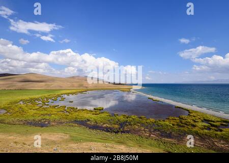 Der Magic Alpine Song Kul See liegt auf einer Höhe von 3016 m in Kirgisistan. Lakeside sind ein Ort der Weidehaltung von Pferden durch Kirgisen Einheimische Stockfoto