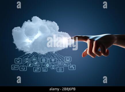 Cloud-Computing-Technologiekonzept mit 3D-Rendering von Menschenhand mit weißer Cloud und Symbolen Stockfoto