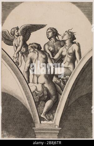 Winkel der Chigi-Galerie nach Raphael, Cupid und den drei Grazen. Dritter in einer 3-teiligen Suite (Bartsch 344) Marc Antoine Raimondi (1480-vers1534). Les Angles de la galerie de Ghigi d'après Raphaël, Cupidon et les Trois Grâces. troisième numéro d'une Suite de 3 pièces (Bartsch 344). Eau-forte, Burin. XVIème siècle. Musée des Beaux-Arts de la Ville de Paris, Petit Palais. Stockfoto