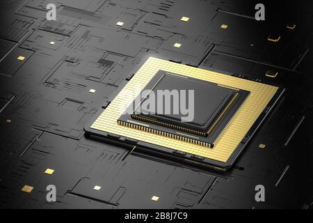Quantum Computer Technology Konzept mit 3D Rendering cpu Chips an Bord Stockfoto
