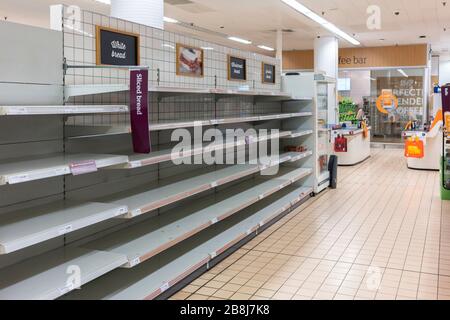 Leere Supermarktregale in Sainsbury's von Käufern Panik beim Brotkauf während der Coronavirus Covid 19 Pandemic, Basingstoke, UK, März 2020 Stockfoto