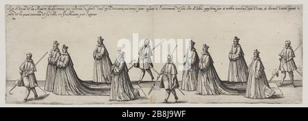 Die Beerdigung von Charles Third Name, Herzog von Lorraine, Nancy machte das Jahr 1608, 43. Stelle der Prozession vor: Die Fürsten des Hauses Lorraine (Le Blanc 56 Seite 516; Andreas Andresen 10, Band 4 auf Seite 192) Friedrich Brentel, dit Brentel le père (1580-1651). Pompe funèbre de Charles troisième du nom, Duc de Lorraine, faite à Nancy l'an 1608, quarante-troisième planche de la représentation du cortège : Les Princes de la maison de Lorraine (Le Blanc 56 Seite 516; Andreas Andresen 10, tome 4, Seite 192). Eau-forte. 1609. Musée des Beaux-Arts de la Ville de Paris, Petit Palai Stockfoto