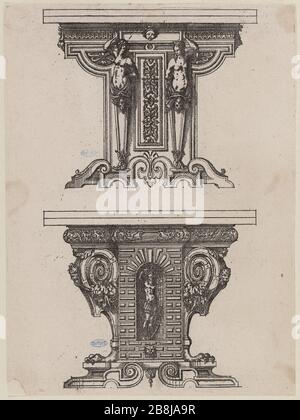 Möbelplatinen Digest: Zwei Tischbeine. Siebter Tisch mit einer Sequenz von 8 Jacques Androuet du Cerceau (1515-1584). "Recueil de planches de mobilier: Deux pieds de tables. Septième planche de pieds de tables d'une Suite de 8'. Eau-forte. 1575. Musée des Beaux-Arts de la Ville de Paris, Petit Palais. Stockfoto