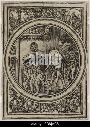 Die Passion Christi: Der Abstieg nach Limbo. Achtzehnte Anzahl einer Sequenz von 21 Stück. (Passavant 126) Maître à l' S.". "La Passion du Christus: La Descente aux Limbes. Dix-huitième numéro d'une Suite de 21 pièces. (Passavant 126)". Burin. 1500. Musée des Beaux-Arts de la Ville de Paris, Petit Palais. Stockfoto