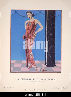 GAZETTE BON TON - NUMMER 1 - TAFEL V Georges Barbier (1882-1932), "Gazette du bon Ton, numéro 1, Planche V: La chambre bleue d'Arthénice, robe du soir de Beer", 1923. Musée des Beaux-Arts de la Ville de Paris, Petit Palais. Stockfoto