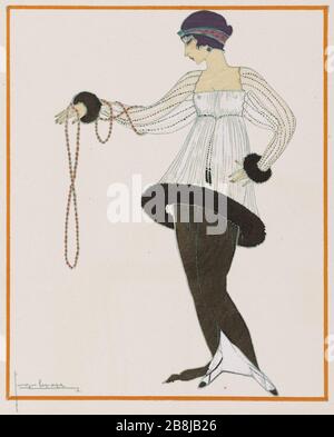 Die neue Halskette ': Kleid Paul Poiret Abend Georges Lepape (1887-1971). "Gazette du Bon Ton", janvier 1914, numéro 1, planche 10 - "Le Collier nouveau: Robe du soir de Paul Poiret". Lithographie avec couleurs au pochoir, 1913-1914. Musée des Beaux-Arts de la Ville de Paris, Petit Palais. Stockfoto