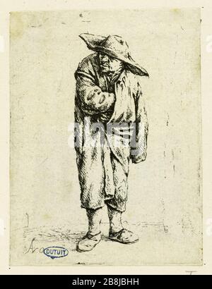 Der gueux umhüllte sich in einen Mantel (Bartsch 22) Adriaen Van Ostade (1610-1685). Le gueux enveloppé dans un manteau (Bartsch 22). Eau-forte et pointe sèche, avant 1647 Stockfoto