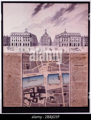 PLAN EINES ÖFFENTLICHEN ORTES UND EINER PERSPEKTIVE FÜR GEBÄUDE, DIE DIE RÄUMLICHKEITEN DES GERICHTS UND DES GEFÄNGNISSES CHATELET VOR DEM BRÜCKENWECHSEL PIERRE MARIN GIRAUD (1744-1814) BEGLEITEN MÜSSEN. "Plan d'une place publique et vue perspective des bâtiments qui doivent l'accompagner sur le local du Tribunal et de la prison du Châtelet en face du Pont au change". Plume, lavis, manuscrit à l'encre brune. Paris, musée Carnavalet. Stockfoto
